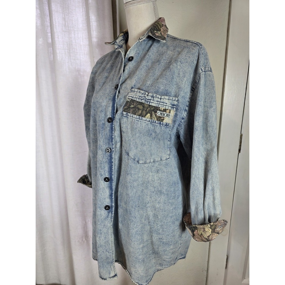 Vintage‎ Cherokee Denim Shirt Size 8 Womens Acid Wash Tapestry Button Down 80s